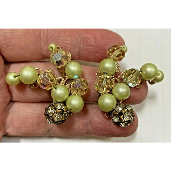 Vintage Mid Century Clip On Earrings Lemon Pearl Beads Crystals & Rhinestones - Picture 2 of 5